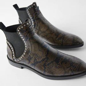 ZARA SNAKE PRINT FLAT ANKLE BOOTS WITH STUDS